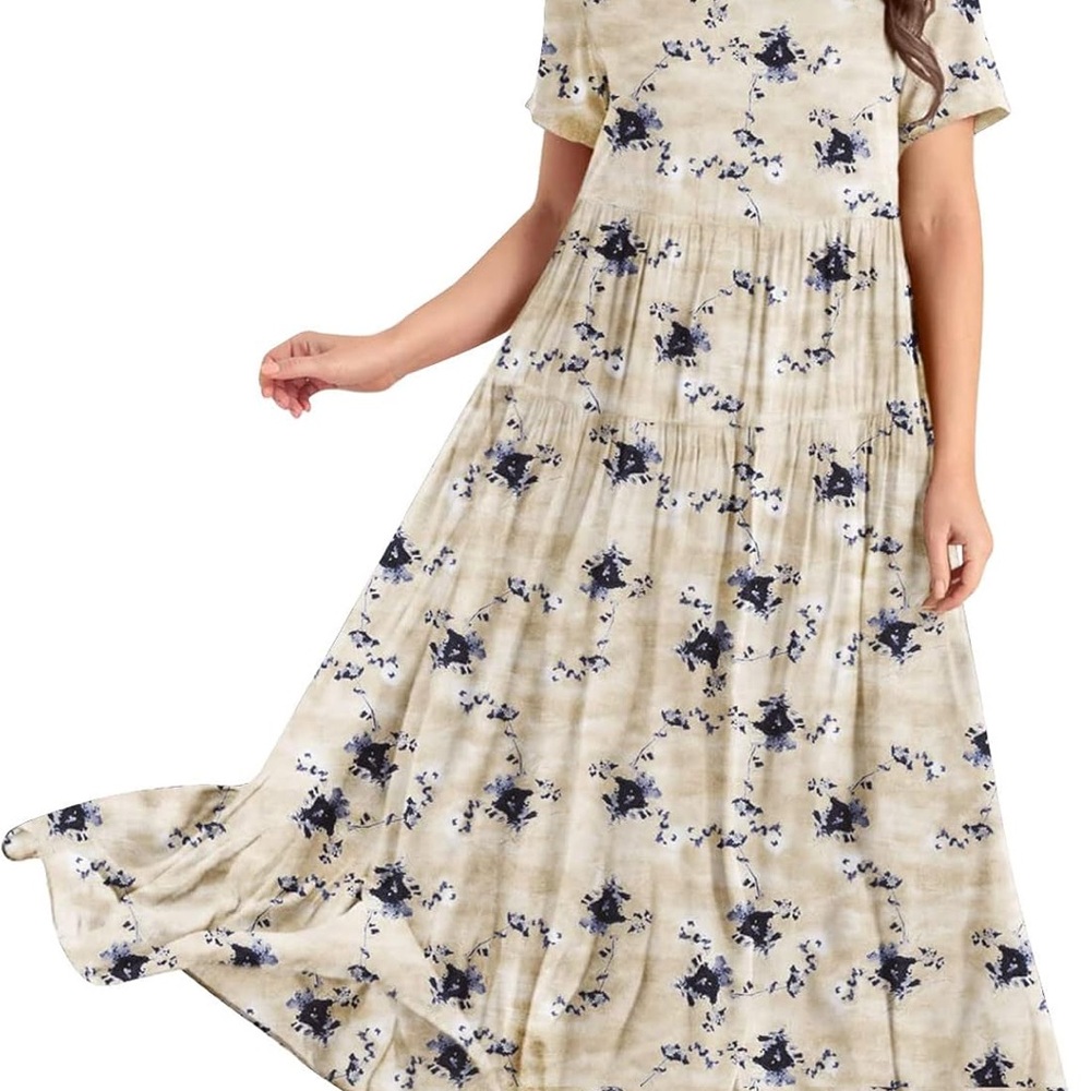 100% Cotton Blue and Cream Puff Sleeve Maxi Sundress